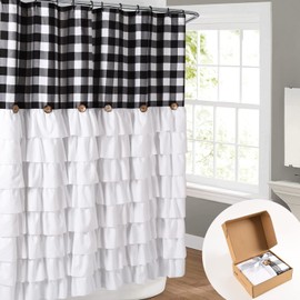 BRHF Country Buffalo Plaid Farmhouse Ruffled Bath Shower Curtain with Vintage Buttons, Rustic Decorative Fabric Shower Curtain for Guest Bathroom, 72" x 72", Black and White