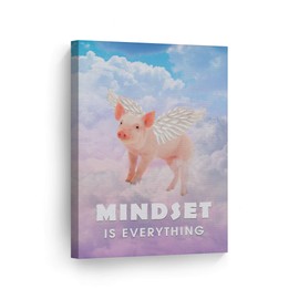 Smile Art Design Mindset is Everything Cute Pig with Wings Flying in Sky Motivational Canvas Wall Art Inspirational Wall Art Entrepreneur Quote Print Office Living Room Decor Gift Ready to Hang 36x24