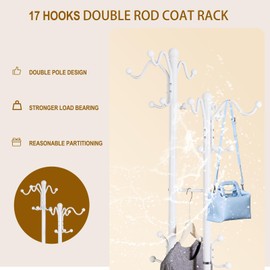 OIRUMIE Metal Coat Rack with 17 Hooks, Double-pole Freestanding Coat Rack, Modern Coat Rack Stand and White Standing Coat Tree Holder Stand for Entryway