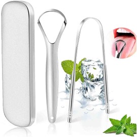 Stainless Steel Metal Tongue Scraper - Tongue Scraper for Adults, Professional Tongue Brush for Oral Care, Improve Bad Breath and Fresh Breath, with Metal Storage Box-2 Pack
