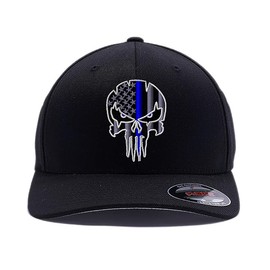 Custom Thin RED LINE - Thin Blue LINE Spartan Helmet Cap. Embroidered. 6477 Flex Baseball Hat (L/XL, Black-2)