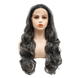 LUSHY BEAUTY Hair Synthetic Lace Front Wig Wavy Long 26inch Dark Root Dark Gray Ombre Heavy Density Heat Resistant Realistic Wig
