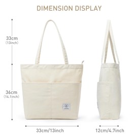 Kalidi Canvas Bag Women's Handbag with Front Pockets Shoulder Bag Shopper Bag Women's Large Shoulder Bag for School Work Shopping Everyday Travel, beige