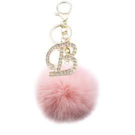 Unpafcxddyig Pom Pom Keychain Artificial Fur Ball Rhinestone Alphabet Letter Keychains for Car Key Ring Handbag Charm Tote Pendant,B