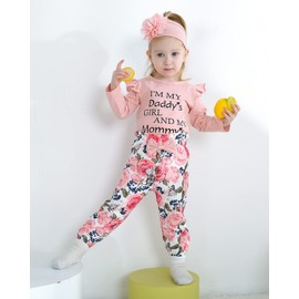 SUNNY PIGGY Baby Girl Clothes Newborn Outfit Infant Winter Fall One Piece Set Letter Print Flower Pants Set Long Sleeve Romper Baby Girl's Clothing with Headband 0-3 Months Pink 4PCS