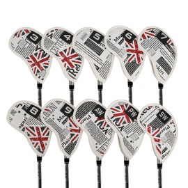 Leather Golf Club Iron Head Covers 10 Piece Set Union Jack Skull Punk Headcover Protector Red with Blue
