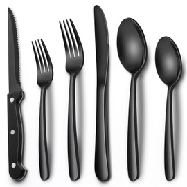 Black Heavy Duty Silverware Set, 24-Piece Stainless Steel Flatware Set with Steak Knives for 4, Food-Grade Tableware Cutlery Set, Utensil Sets for Home Restaurant, Mirror Finish, Dishwasher Safe