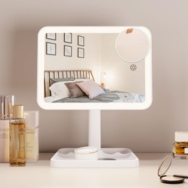 FUNTOUCH Espejo de maquillaje recargable con luces de 2000 mAh, espejo de maquillaje con luces y aumento de 10 veces, iluminación de 3 colores, rotación de 360 °, espejo de maquillaje con