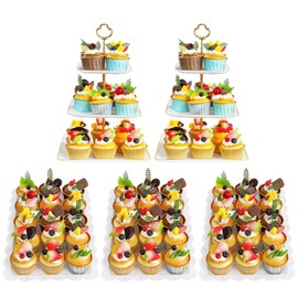 5 Pcs Cupcake Stand Set - White Plastic Dessert Table Display Set, 2X Square 3 Tier Cupcake Display Stand with Gold Rim & 3X Plastic Trays for Wedding Baby Shower Tea Party