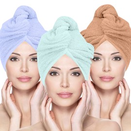 Glamza Microfibre Hair Towel Wrap Super Absorbing Twist Turban Hair Wrap with Buttons for Fast Drying Hair (3 PACK (LARGE) - BLUE,NUDE,GREEN)