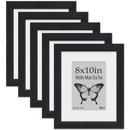 VCK 8x10 Picture Frame 5 Pack, Natural Wood Grain Black Oak & HD Glass, Display 5x7 Photos with Mat or 8x10 without Mat, Tabletop or Wall Hanging