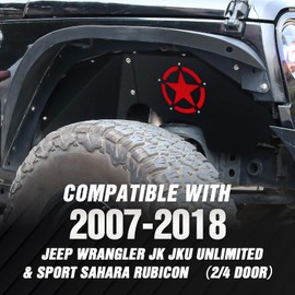 EYOUHZ for Wrangler JK Front Inner Fender Liners Compatible with 2007-2018 Jeep Wrangler JK & JKU Unlimited 2/4 Doors, Red Star Logo Steel Mud Guards Wheel Well Cover Fender Flares Liners (2 PCS)