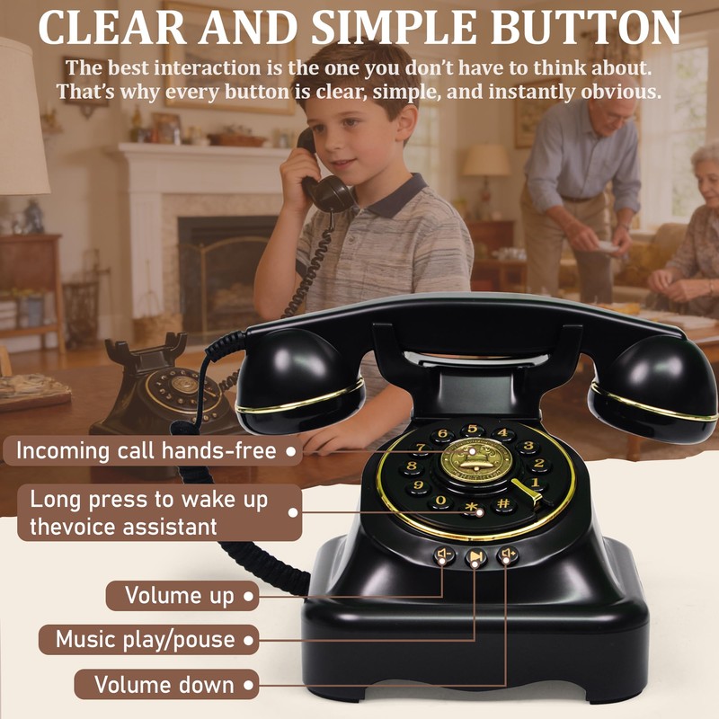 FiayaCom Bluetooth Landline Phone, Retro Rotary Phone with Speakerphone, Music