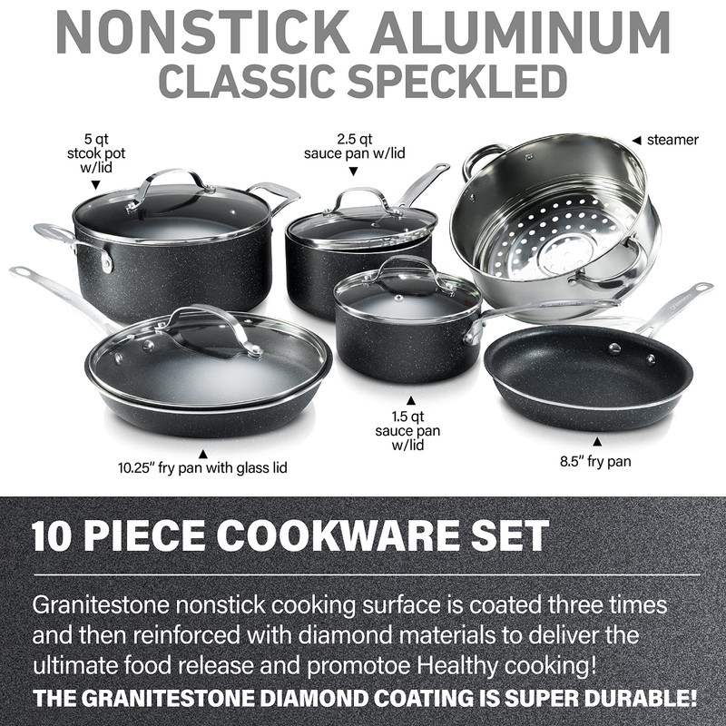 Granitestone Original 10 Piece Nonstick Cookware Set, Scratch-Resistant, Granite-Coated, Dishwasher