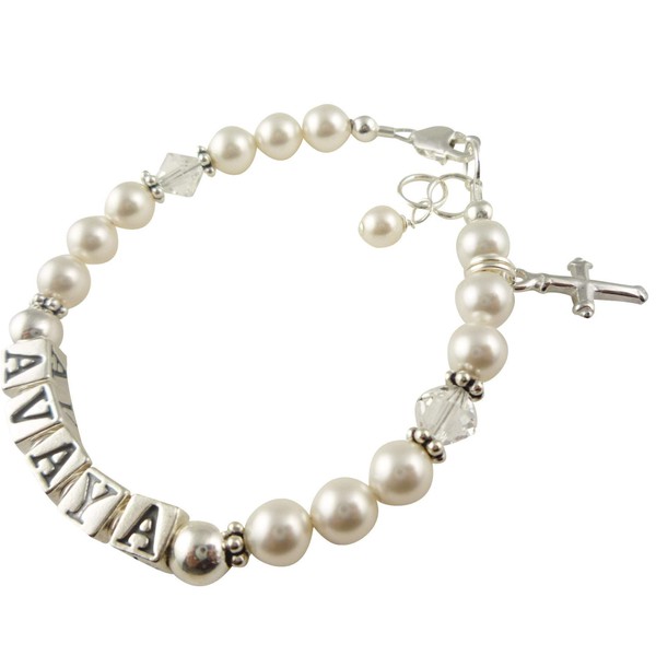 Christening Bracelet with Name, Cross Charm, White Crystal Pearls