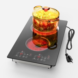 GVEYAJO 2 Burner Electric Cooktop Stove with 110V Plug, Countertop or Built-in Ceramic Hot Plate Dual Burner, w/Timer, Pause, Keep Warm, Safe Lock, Compatible with ALL Cookware