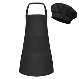 BOUBONI Kids Apron and Chef Hat Set Adjustable Chef Art Apron with 2 Pockets Toddler Chef Hat and Apron for Cooking Baking Painting (Black)