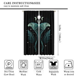 HZOHNAGO Moth Curtain Teal Moon Wings Leaves Botanical Vintage Aesthetic Blackout Print Rod Pocket Window Drapes for Bedroom Living Room 42x63in