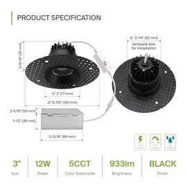 ASD Trimless 3 Inch LED Recessed Light, 12W 120V Round Commercial Downlight, Canless Dimmable Lights for Ceiling with J-Box, 5 CCT 2700K-5000K, CRI 90+, IC Rated, ETL, Energy Star, Black