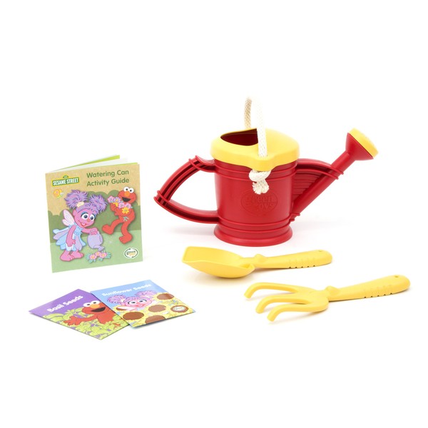 Green Toys Sesame Street Elmo Watering Can Outdoor Activity Set, Red/Yellow - 6 Piece Pretend Play, Motor Skills,No BPA, phthalates, PVC. Dishwasher Safe, Recycled Plastic, Made in USA.