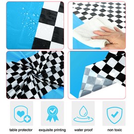 Oudain Cars Birthday Racing Decorations - Round Tablecloth, Checkered Flag Table Covers, Road Plastic Table Cloth, 1950s Disco Dancing Party Tablecloth (Light Blue, 3 Pcs)