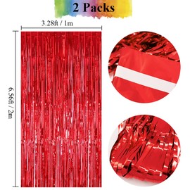 2Pcs Red Foil Fringe Curtain - HADEEONG 3.28ft x 6.56ft Metallic Tinsel Door Curtains Photo Booth Backdrop for Xmas Birthday Christmas Party Decorations