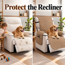 Waterproof Recliner Quilted Cover – Nonslip Furniture Slipcover with Elastic Straps & Storage Pockets for Pets, Kids & Home