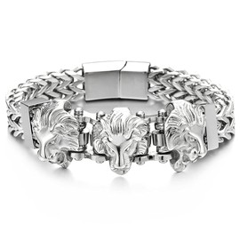 Steel Double Square Franco Link Bike Chain Three Lion Heads Bracelet, Magnetic Clasp(CA)