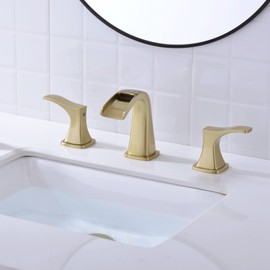 8 Inch Brushed Gold Bathroom Faucet 2 Handle 3 Hole Widespread Waterfall Vanity Sink Faucet Deck-Mounted, Overflow Pop Up Drain Included, Heavy Duty Brass