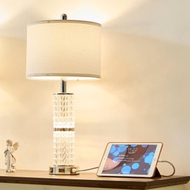 SAIWEYA Crystal Table Lamps Modern 3-Way Dimmable Bedside Lamp with 2 USB Ports & AC Outlets for Living Room Bedroom Nightstand Lamp Night Light