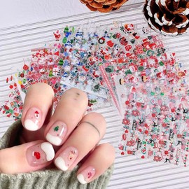 Glitter Christmas Nail Art Stickers for Set 3D Self- Adhesive Nail Supplies Snowflake Elk Santa Claus Cute Penguin Deer Snowman Nail Decals with Design Sparkly Xmas Winter Nail Decoration for Women
