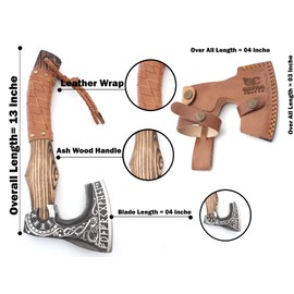 QEPAA CRAFTS 13” Inch Viking Axe- Ash Wood Handle Hatchets and Axes with Leather Wrap, Wood Splitting Axe, Camping Axe, Throwing Axes and Tomahawks - Gift for Father’s Day, Husband(Rare Viking)