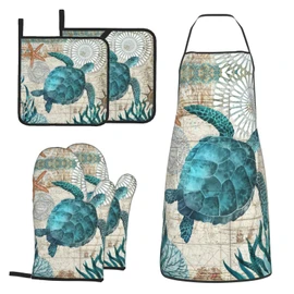MIFSOIAVV Sea Turtle Ocean Animal Landscape Oven Mitts and Pot Holders Sets with Apron 5Pcs Sea Turtle Kitchen Mitten Gloves and Non-Slip Potholders Apron Sets Oven Gloves Hot Holders for Baking