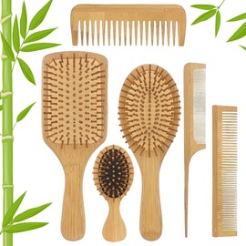 Bamboo hair brush comb set for men women kids, Bamboo hairbrushes for Thick Thin Curly and Dry Hair, Natural wooden hairbrush for Massaging Scalp (6 Pcs)