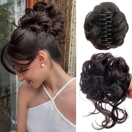 FDEETY Hair Accessories Bun Hairpiece Real Hair Wavy Curly Hair Bun Hair Extension Updo Clip in Claw Ponytail Hairpieces Hair Scrunchies for Women (Black Brown)
