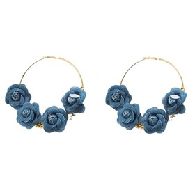 Boho Denim Camellia Flower Dangle Hook Long Earrings for Women 3 Layered Tiered Blossom Dangling Drop Gold Plated Earring Chic Jewelry Gifts Wedding Bridal, Zinc, No Gemstone
