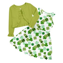 St Patricks Day Dresses for Girls Size 4 5 Cotton Sleeveless 4T 5T Green Irish Summer Dresss Ruffle Cardigan Shrug Set Daughter Toddler Formal Spring 2 Piece Clothes for Holiday