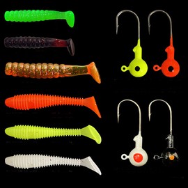 FOLANDO 34pcs Fishing Soft Lures kit, Soft Plastic Lures Sea Fishing Jig Heads Hook Artificial Fishing Baits for Sea Bass, Perch, Pike