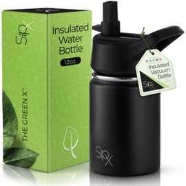 SipX™ Insulated Kids Water Bottles 12oz. With Straw Lid, BPA-Free Reusable Insulated Toddler Water Bottle Keeps Cold 24 Hours, Metal Water Bottle Kids Made Of Sustainable Material (Black)