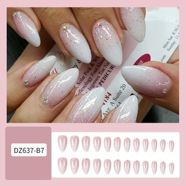 Long Almond Press on Nails Glitter False Nails Gradient with Rhinestone Design Acrylic False Nails Glossy Stick on Nail Artificial Reusable Glue on Nail for Women Decoration Salon Manicure