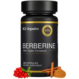 Berberine with Ceylon Cinnamon 1200mg (60 Capsules) – 97% Purity- Non-GMO, Gluten-Free, Lab-Tested Vegan Berberine Supplement