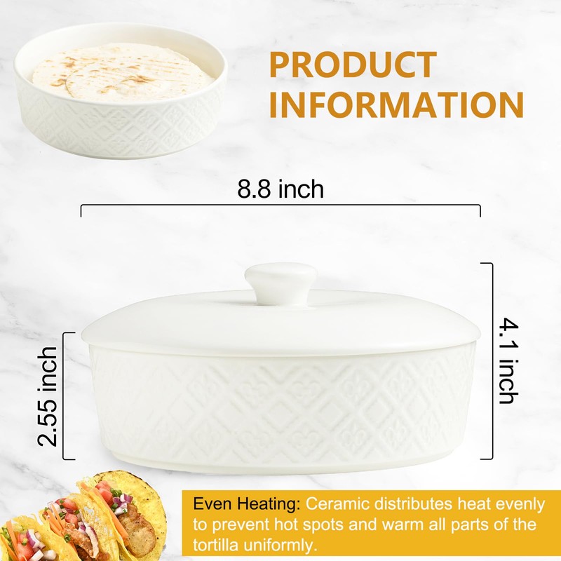 Large Tortilla Warmers with Lid, Embossed Ceramic Tortilla Holder Servers
