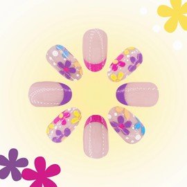 MISUD Spring Press on Nails Short Oval Fake Nails Glossy Glue on Nails Colorful French Tip Acrylic Nails Round Artificial Nails Summer Flower Stick on False Nails with Design 24 pcs
