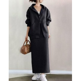 YUANYUAN HAUTE Women's Zip-up Parka Skirt, 2-Piece Set, Jersey, Top and Bottom Set, Zipper Jacket + Long Skirt, Solid, Loose, Straight, Casual, Spring and Autumn, Cute, Stylish, Work or School, Room