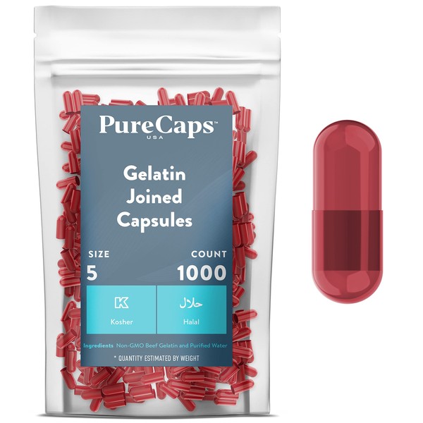 PurecapsUSA – Empty Red Gelatin Pill Capsules - Fast Dissolving and Easily Digestible - Preservative Free with Natural Ingredients - (1,000 Joined Capsules) - Size 5