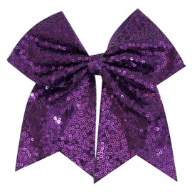 1 Pcs 8" Large Sequin Cheer Bows Clips, Cheerleading Glitter Hair Bow with Alligator Clips Hair Accessories for Cheerleaders Football Competition Sports (Purple)