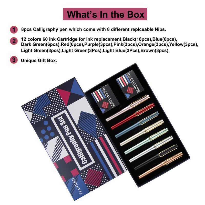 TIANREN Calligraphy Pen set,Fountain Pens with 8 Different Replaceable Nibs