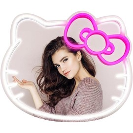 Anime Hello Kit Mirror with light Neon signs for Wall Decor, Neon Mirror with Dimmable for teen girl gift,makeup Mirror neon sign room decor (16.1 * 14 inch) - Color: 12.2"L x 14.6"W