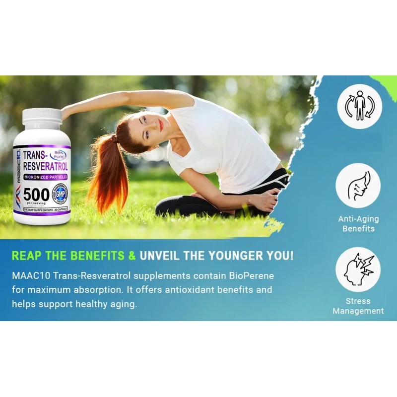 Maac10 Trans-resveratrol 500mg + Bioperine 10mg 60 Cáps Sabor Sin