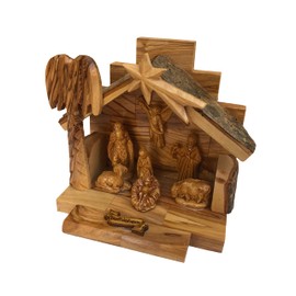 Olive Wood Nativity Set Bark Roof Stable w/ Holy Land Certificate